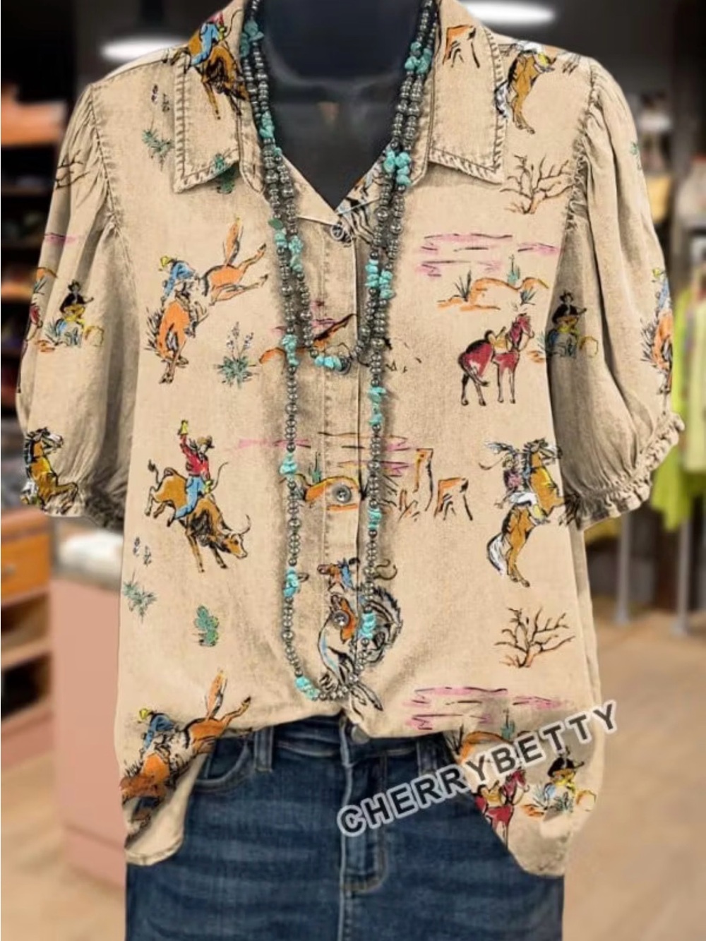 Western Rodeo Print Button-Up Shirt in Beige